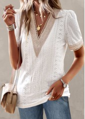 Patchwork V Neck White Short Sleeve T Shirt