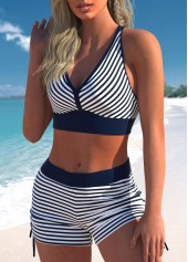 Mid Waisted Striped Three-Piece Navy Tankini Set