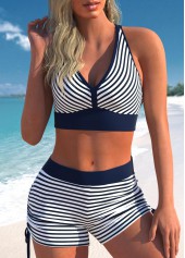Mid Waisted Striped Three-Piece Navy Tankini Set