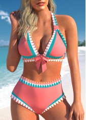 Mid Waisted Tribal Print Bowknot Pink Bikini Set