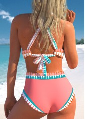 Mid Waisted Tribal Print Bowknot Pink Bikini Set