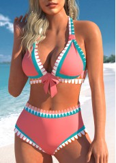 Mid Waisted Tribal Print Bowknot Pink Bikini Set