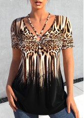 Leopard Circular Ring Black V Neck T Shirt