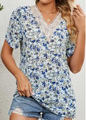 V Neck Floral Print Patchwork Light Blue Blouse
