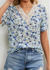 V Neck Floral Print Patchwork Light Blue Blouse