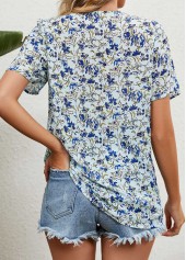 V Neck Floral Print Patchwork Light Blue Blouse