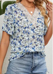 V Neck Floral Print Patchwork Light Blue Blouse