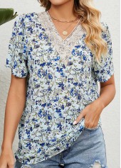 V Neck Floral Print Patchwork Light Blue Blouse