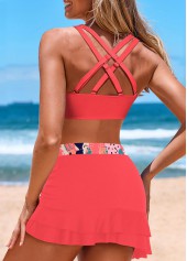 Mid Waisted Geometric Print Drawstring Coral Bikini Set