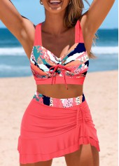 Mid Waisted Geometric Print Drawstring Coral Bikini Set