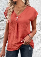 Button Coral Short Sleeve V Neck Blouse