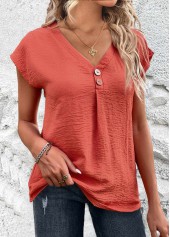 Button Coral Short Sleeve V Neck Blouse