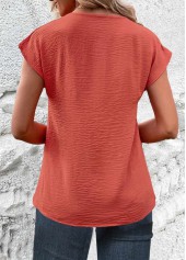Button Coral Short Sleeve V Neck Blouse