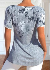 Floral Print Patchwork Grey V Neck T Shirt