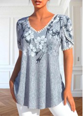 Floral Print Patchwork Grey V Neck T Shirt
