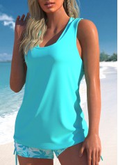 High Waisted Leaf Print Three-piece Cyan Tankini Set