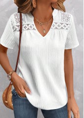 Plus Size Lace White Short Sleeve Split Neck Blouse