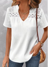 Plus Size Lace White Short Sleeve Split Neck Blouse