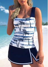 Mid Waisted Tropical Plants Print Patchwork Tankini Set