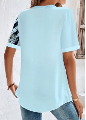 Plus Size Light Blue Split Striped Short Sleeve Blouse