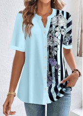 Plus Size Light Blue Split Striped Short Sleeve Blouse