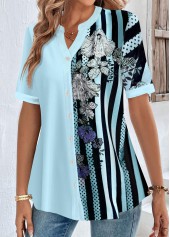 Plus Size Light Blue Split Striped Short Sleeve Blouse