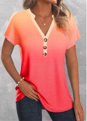 Ombre Button Peach Red Split Neck T Shirt