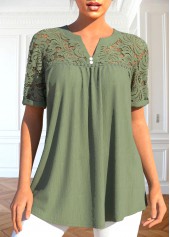 Patchwork Sage Green Short Sleeve Split Neck Blouse