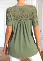 Patchwork Sage Green Short Sleeve Split Neck Blouse