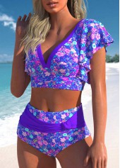 Purple Ditsy Floral Print Patchwork Bikini Set