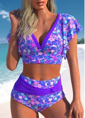 Purple Ditsy Floral Print Patchwork Bikini Set