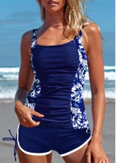 Mid Waisted Floral Print Ruched Blue Tankini Set