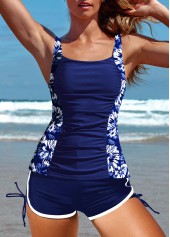 Mid Waisted Floral Print Ruched Blue Tankini Set