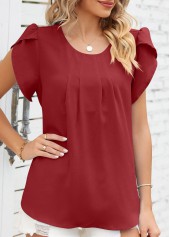 Round Neck Ruched Wine Red T Shirt