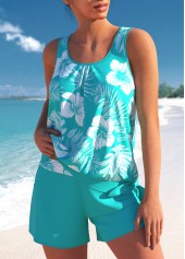 Mid Waisted Tropical Plants Print Bowknot Tankini Set