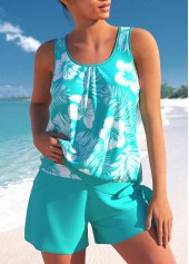 Mid Waisted Tropical Plants Print Bowknot Tankini Set