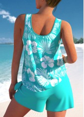 Mid Waisted Tropical Plants Print Bowknot Tankini Set