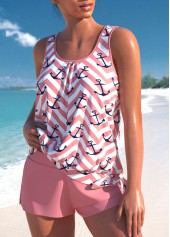 High Waisted Geometric Print Tie Pink Tankini Set