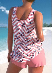 High Waisted Geometric Print Tie Pink Tankini Set