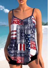 American Flag Print Patchwork Multi Color Tankini Set