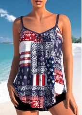 American Flag Print Patchwork Multi Color Tankini Set