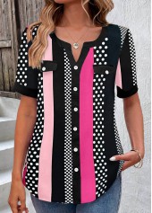 Striped Button Hot Pink Split Neck Blouse