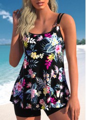 Floral Print Circular Ring Black Tankini Top-No Bottom