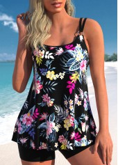 Floral Print Circular Ring Black Tankini Top-No Bottom