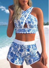 High Waisted Paisley Print Patchwork Bikini Set