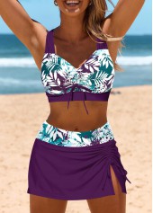 Mid Waisted Leaf Print Drawstring Purple Bikini Set
