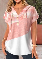 Plaid Patchwork Light Pink Hooded T Shirt