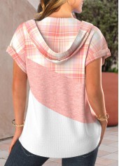 Plaid Patchwork Light Pink Hooded T Shirt