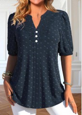 Navy Plus Size Button Short Sleeve Split Neck Blouse