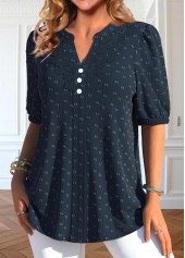 Navy Plus Size Button Short Sleeve Split Neck Blouse